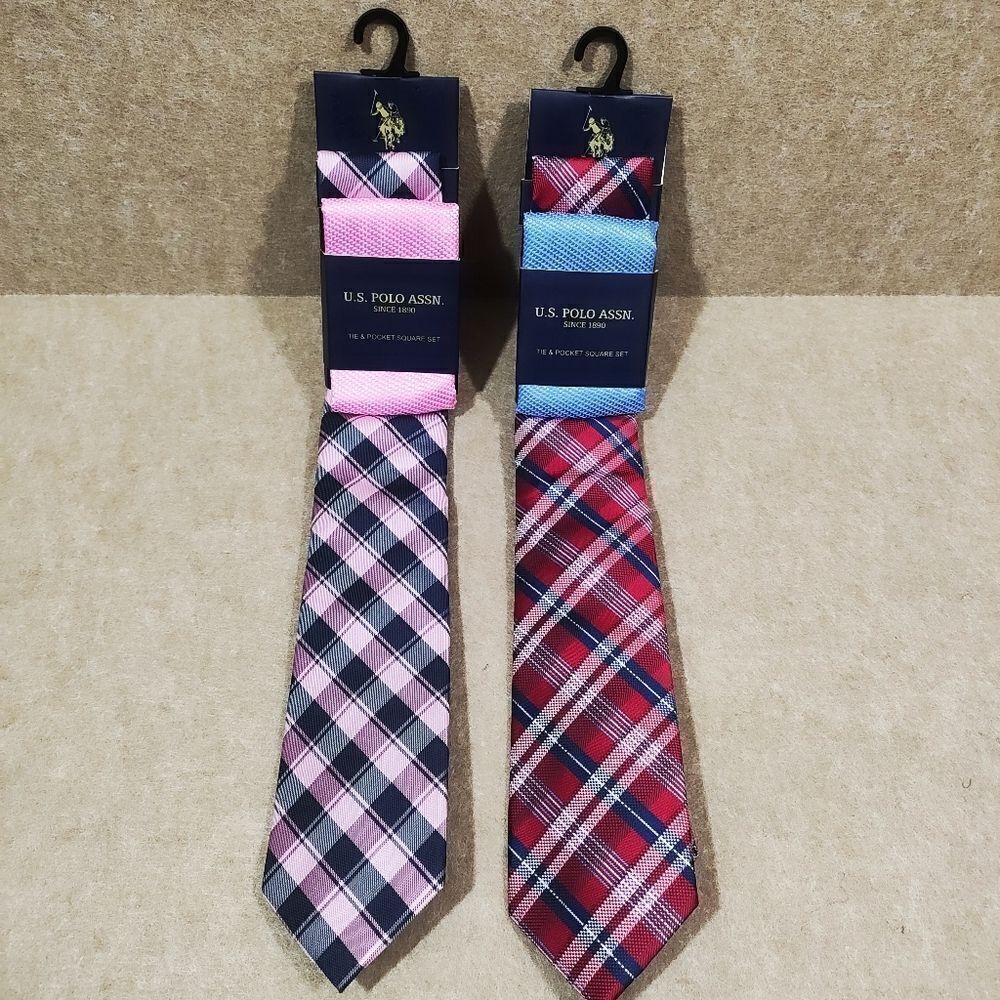 U.S. Polo Assn. Pink and Blue Tie & Pocket Square Handkerchief Set #J